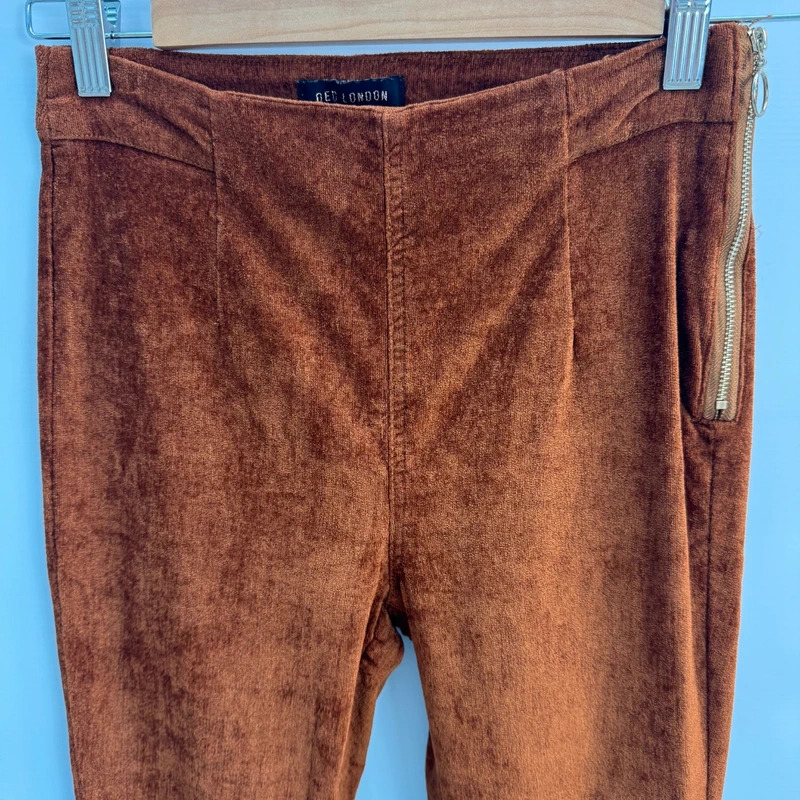 QED London Trousers UK 8 Tan Fine Corduroy Skinny Side Zip Stretch Pants - Image 2