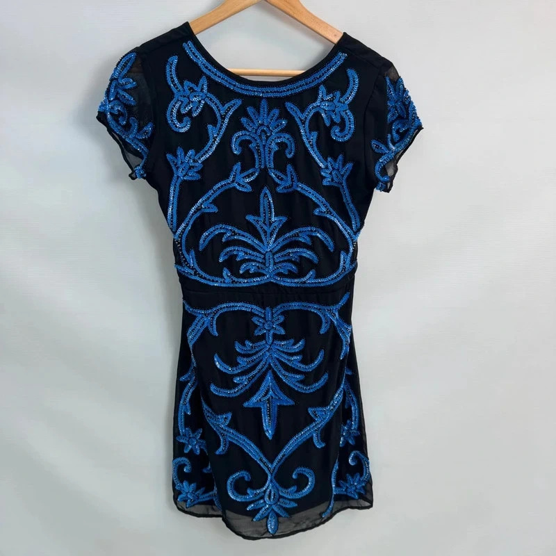 True Decadence Black Dress UK 10 Blue Sequin Beaded Embellished Mesh Party Mini