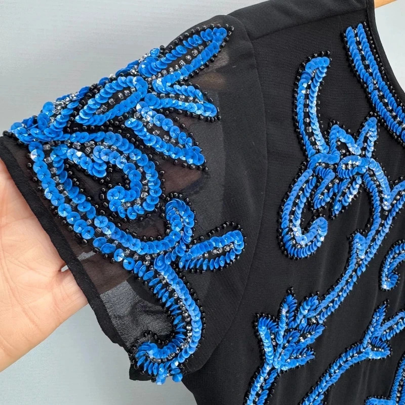 True Decadence Black Dress UK 10 Blue Sequin Beaded Embellished Mesh Party Mini - Image 3
