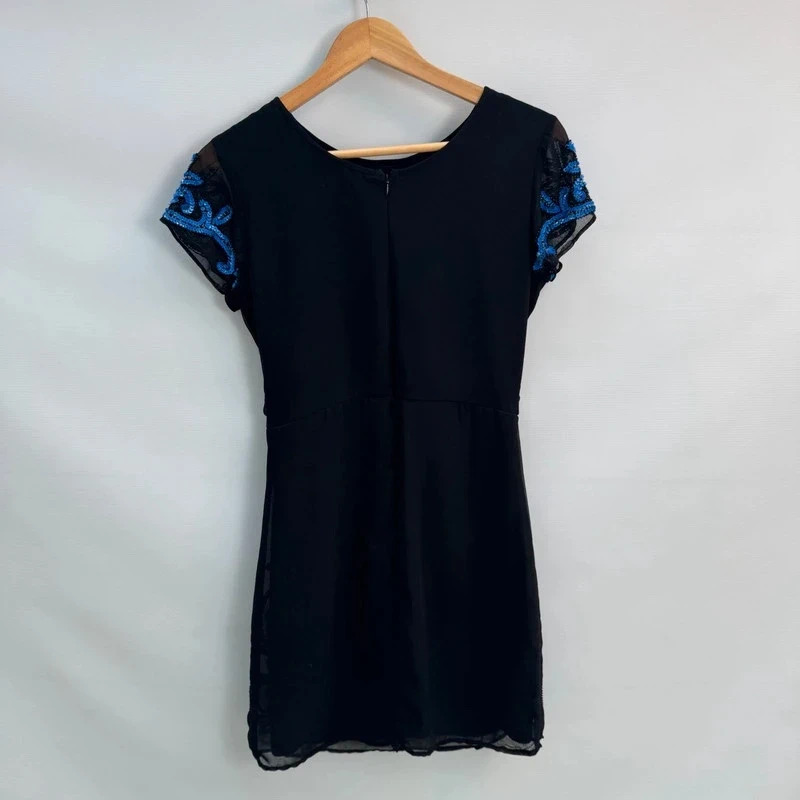 True Decadence Black Dress UK 10 Blue Sequin Beaded Embellished Mesh Party Mini - Image 4