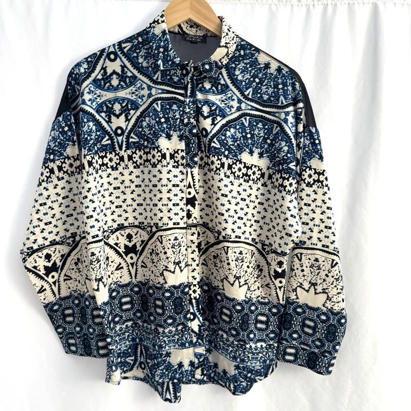 Topshop Blue Tile Print Shirt Long Sleeve Sheer Mesh Back Relaxed UK 8 10 12