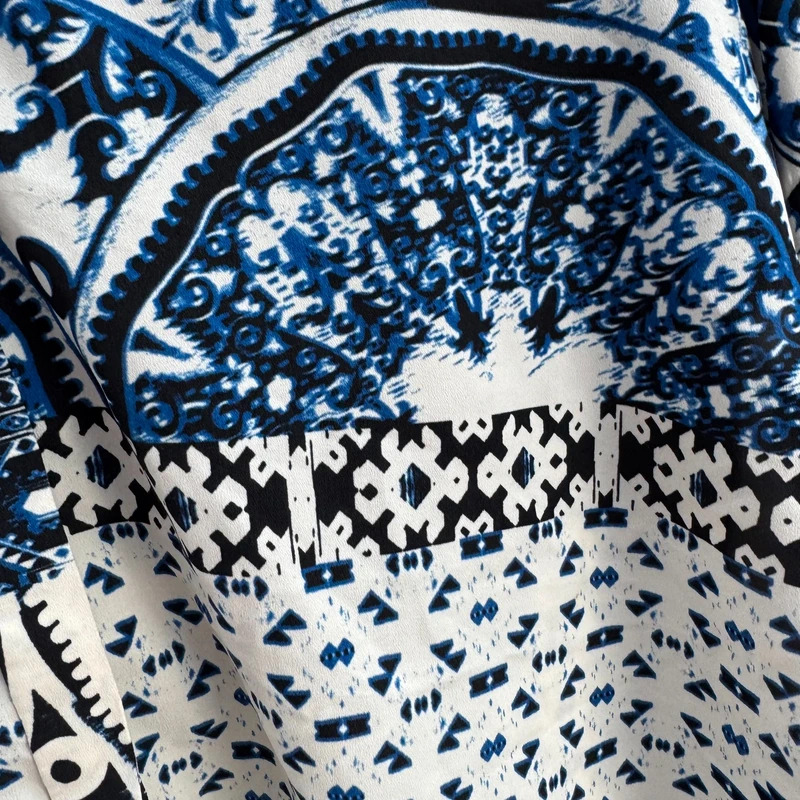 Topshop Blue Tile Print Shirt Long Sleeve Sheer Mesh Back Relaxed UK 8 10 12 - Image 2