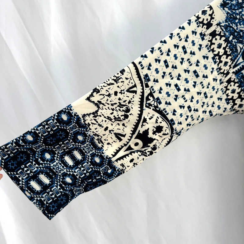 Topshop Blue Tile Print Shirt Long Sleeve Sheer Mesh Back Relaxed UK 8 10 12 - Image 5