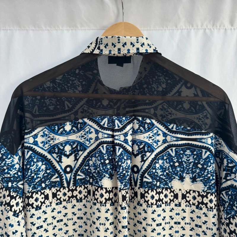 Topshop Blue Tile Print Shirt Long Sleeve Sheer Mesh Back Relaxed UK 8 10 12 - Image 7