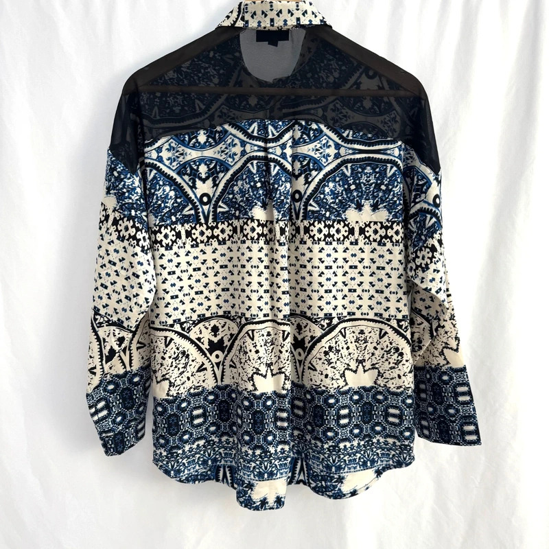 Topshop Blue Tile Print Shirt Long Sleeve Sheer Mesh Back Relaxed UK 8 10 12 - Image 8
