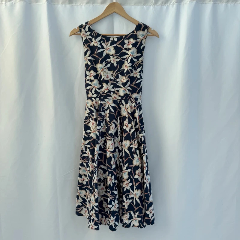 Jolie Moi Navy Orchid Floral Cotton Fit & Flare Midi Dress UK 10 Belted