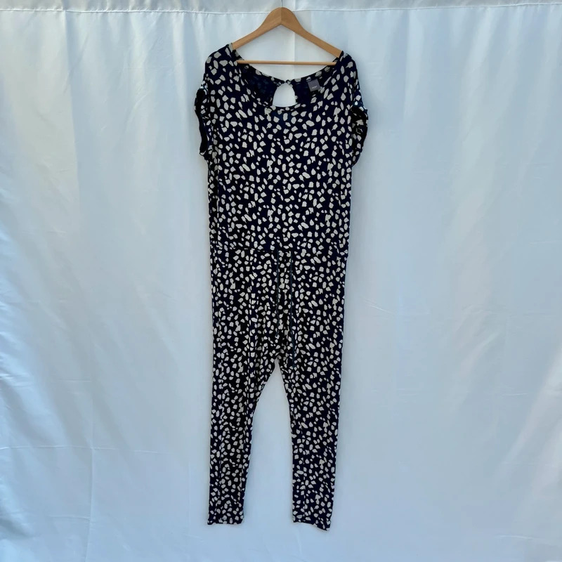 ICHI Lisa Jumpsuit Size L Navy Cream Abstract Print Viscose Tie Waist Scandi