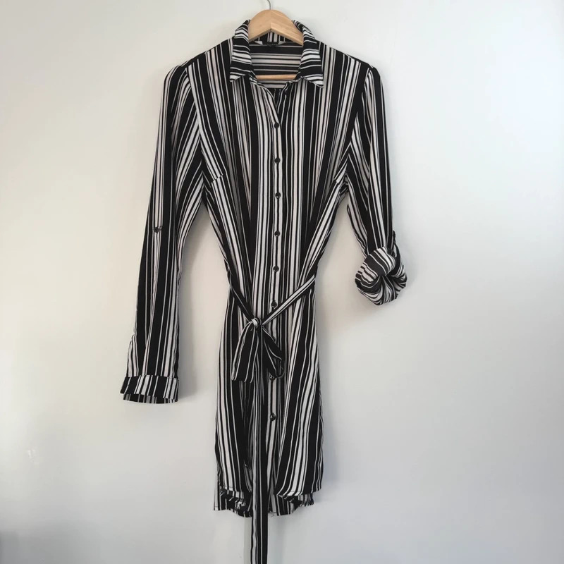 New Look Tall Black White Stripe Shirt Dress – UK 12 – Belted Tie-Waist – Roll Tab Sleeves