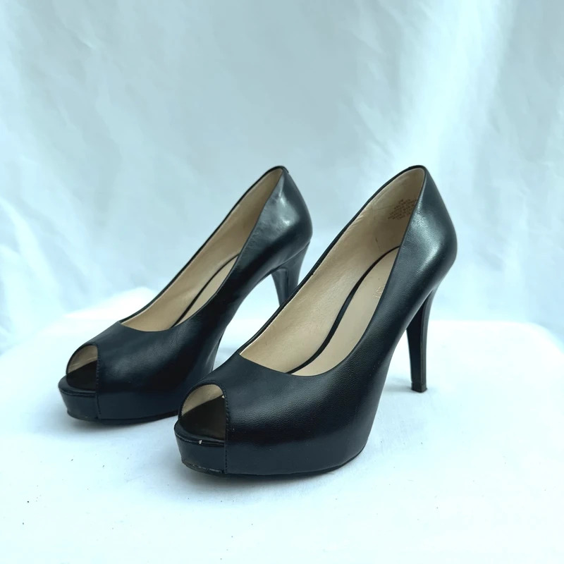 Nine West Camya Black Leather Peep Toe Platform Heels UK 4 Wide Fit