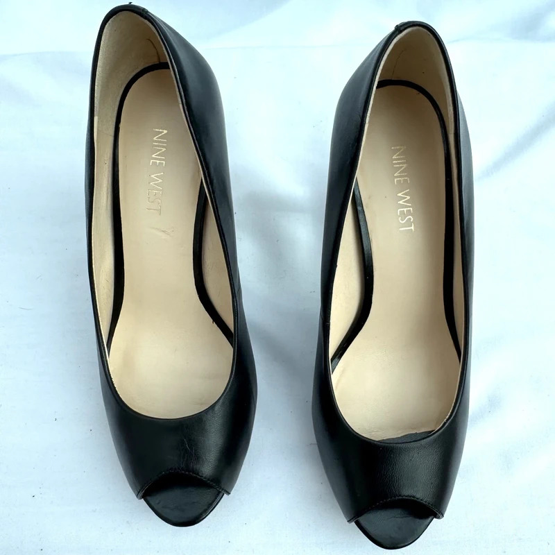 Nine West Camya Black Leather Peep Toe Platform Heels UK 4 Wide Fit - Image 2