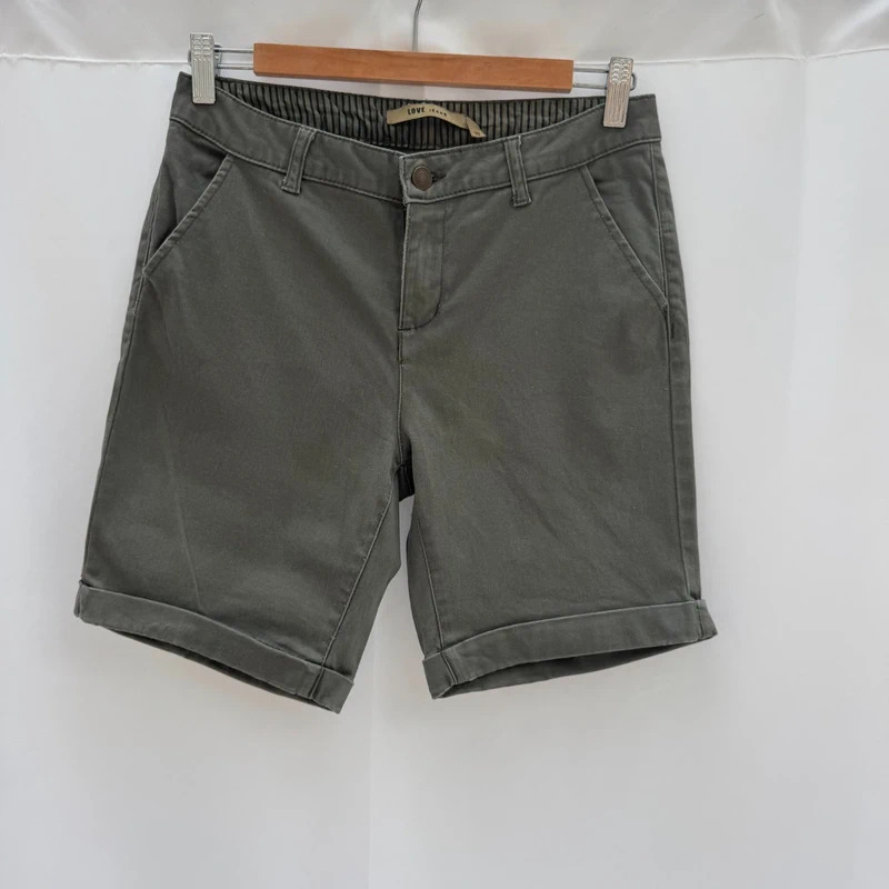 Love Jeans Khaki Green Chino Bermuda Shorts UK 10 Stretch Cotton Turn Up
