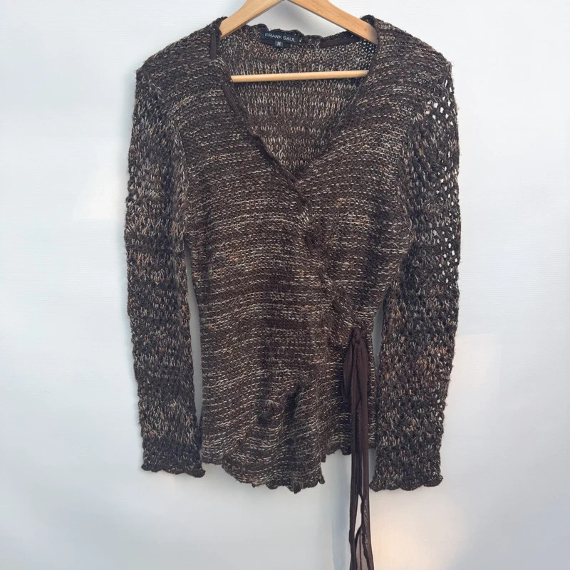 Vintage Y2K Frank Saul Wrap Cardigan Size M / UK 12–14 Brown Marled Mohair-Wool