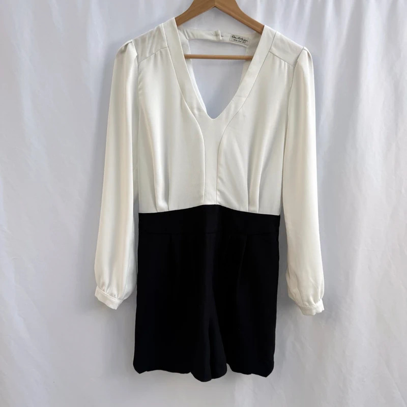 Miss Selfridge Black White Colour Block Playsuit Long Sleeve V Neck UK 14