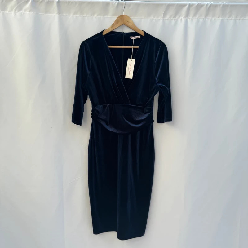 Pretty Kitty Fashion Navy Velvet Midi Dress UK 16 BNWT Wrap V-Neck 3/4 Sleeves