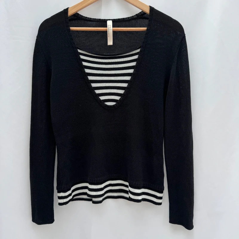 Oui Moments Jumper UK12 Black Layered Look Striped Trim Fine Knit Long Sleeve Top
