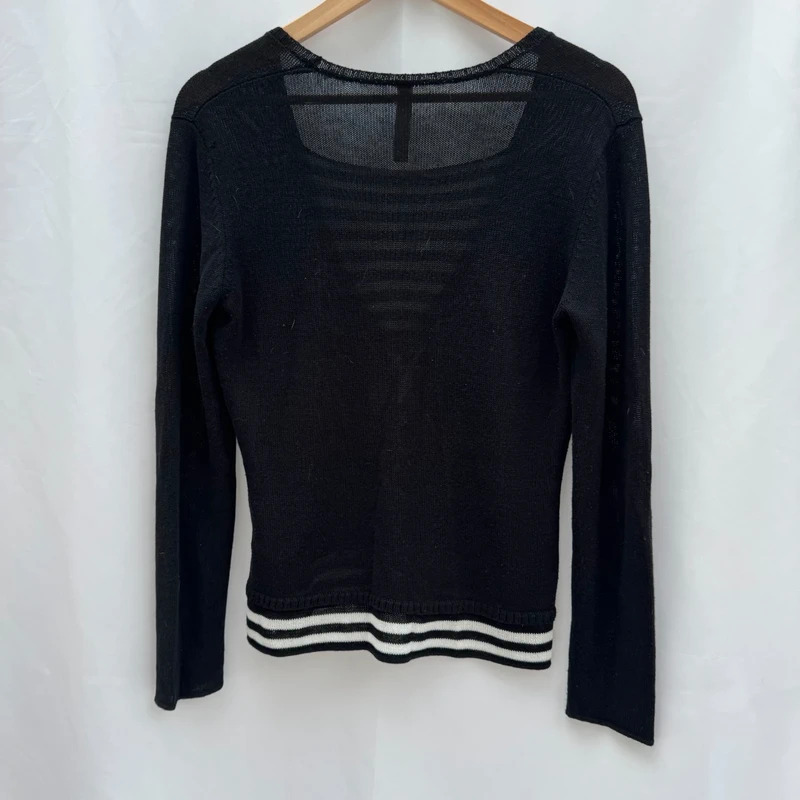 Oui Moments Jumper UK12 Black Layered Look Striped Trim Fine Knit Long Sleeve Top - Image 2