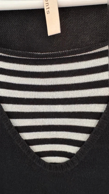 Oui Moments Jumper UK12 Black Layered Look Striped Trim Fine Knit Long Sleeve Top - Image 4