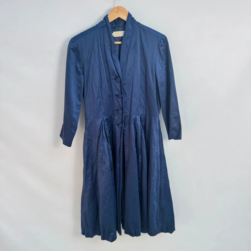 Toast Navy Shimmer Sheen Midi Dress Coat UK 12 Button Front Pleated Skirt Lined
