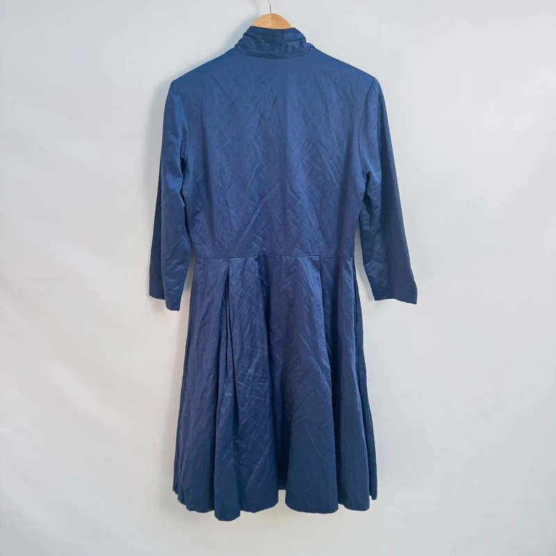 Toast Navy Shimmer Sheen Midi Dress Coat UK 12 Button Front Pleated Skirt Lined - Image 2