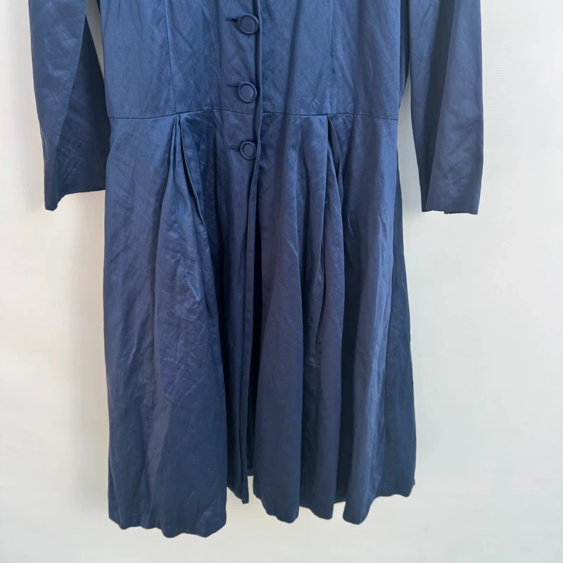 Toast Navy Shimmer Sheen Midi Dress Coat UK 12 Button Front Pleated Skirt Lined - Image 8