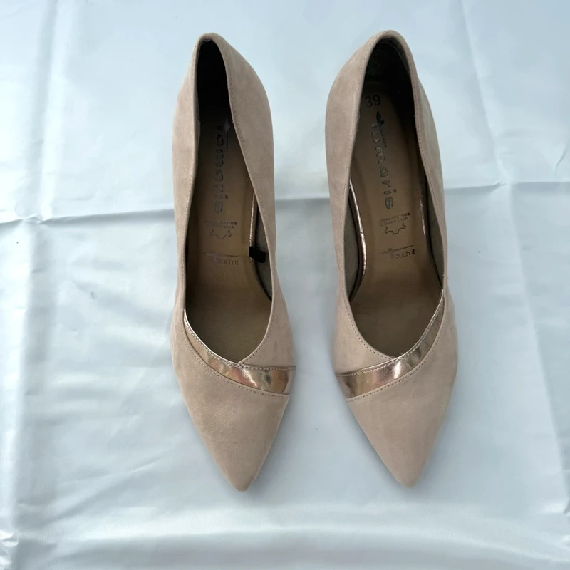 Tamaris Nude Suede Leather Court Shoes Rose Gold Toe UK6 EU39 Touch It Heels