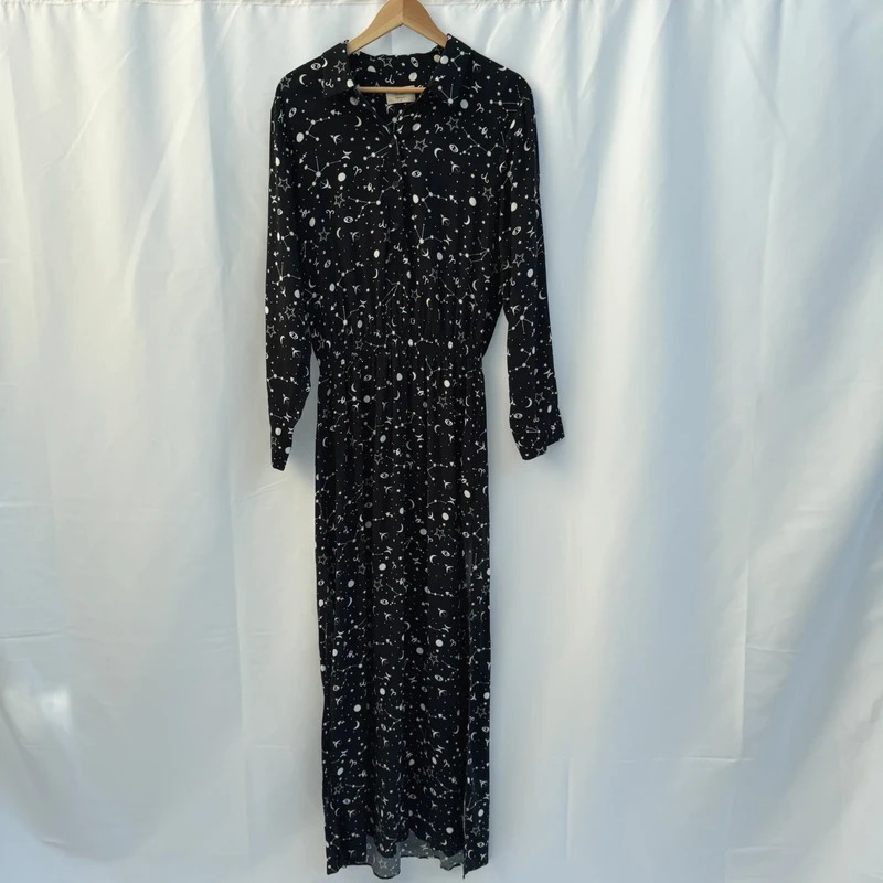 Hush Black Celestial Zodiac Constellation Midi Shirt Dress UK 16 Boho Goth