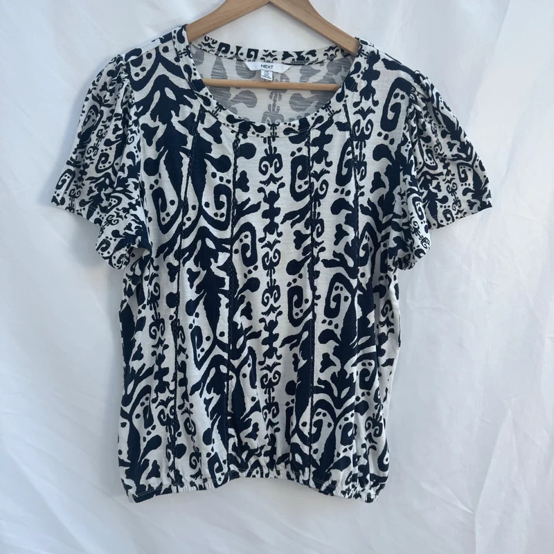 Next Navy & White Paisley Print Flutter Sleeve Cotton Top UK 16