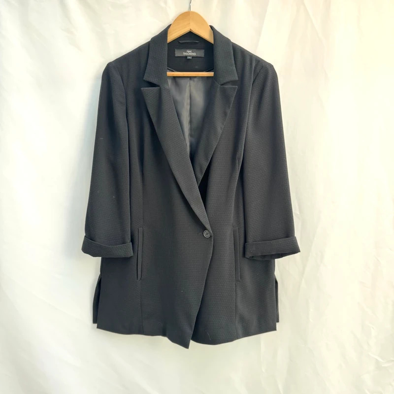 Next Tailoring Black Textured Blazer | 3/4 Cuffed Sleeve | Longline | UK 14 Regular