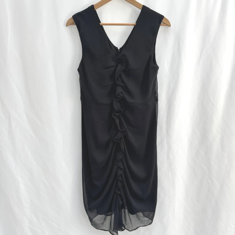 Fransa Black Ruffle Front Chiffon Midi Dress EU 38 / UK 10 Occasion Wear