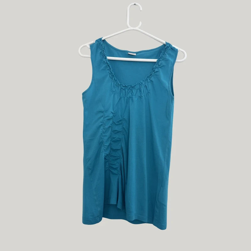 Esprit Vest Top UK M Turquoise Blue Sleeveless Ruffle Neck Gathered Front Cotton Modal