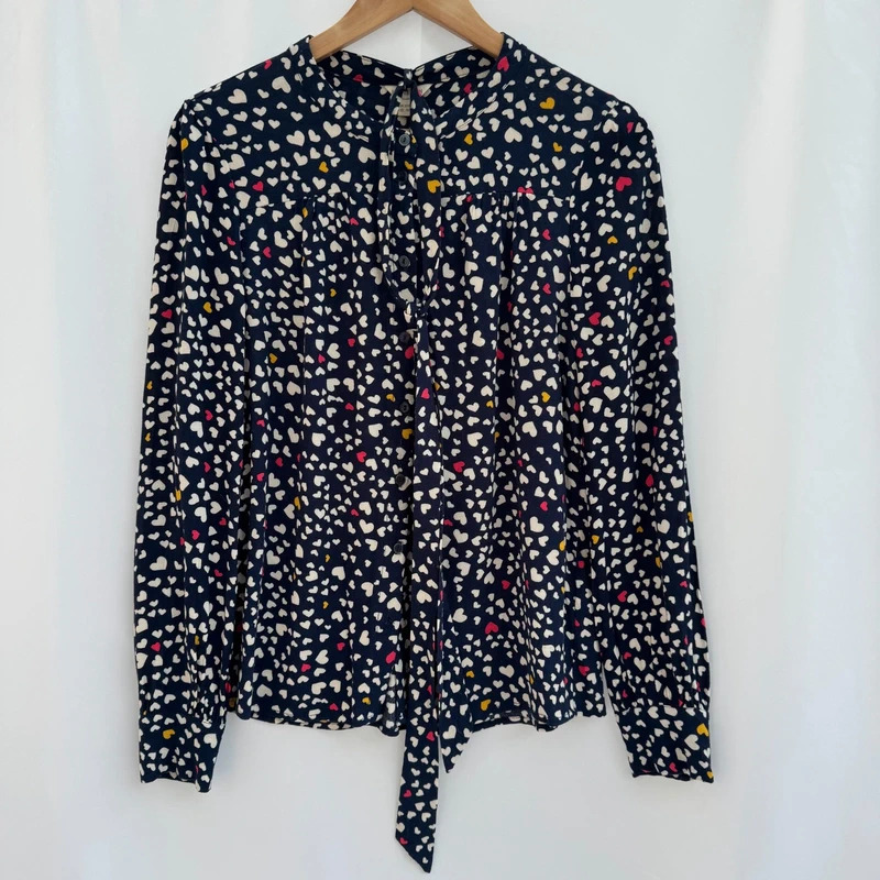 Monsoon Navy Heart Print Pussy Bow Tie Neck Blouse UK 12 Viscose