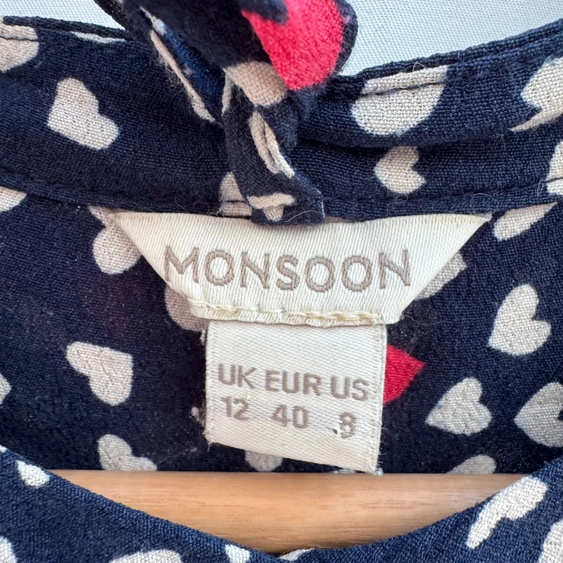 Monsoon Navy Heart Print Pussy Bow Tie Neck Blouse UK 12 Viscose - Image 5