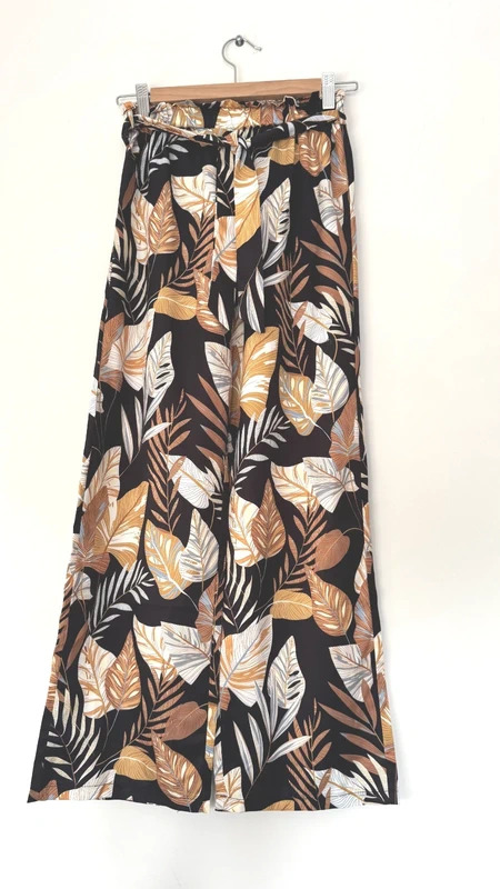 Black Tropical Leaf Print Wide Leg Palazzo Trousers UK 6 XS Tie Waist
