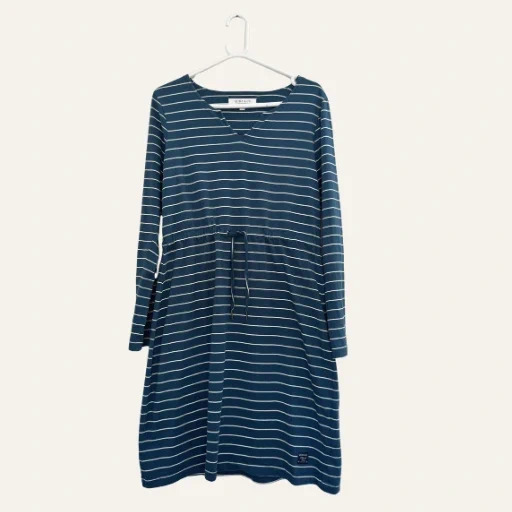 Quba & Co Teal Blue White Striped Cotton Dress UK 12 Drawstring Waist Nautical