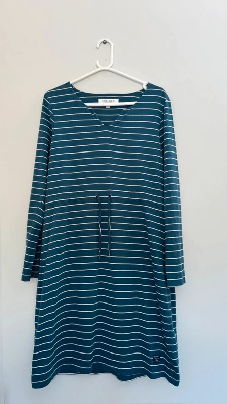 Quba & Co Teal Blue White Striped Cotton Dress UK 12 Drawstring Waist Nautical - Image 3