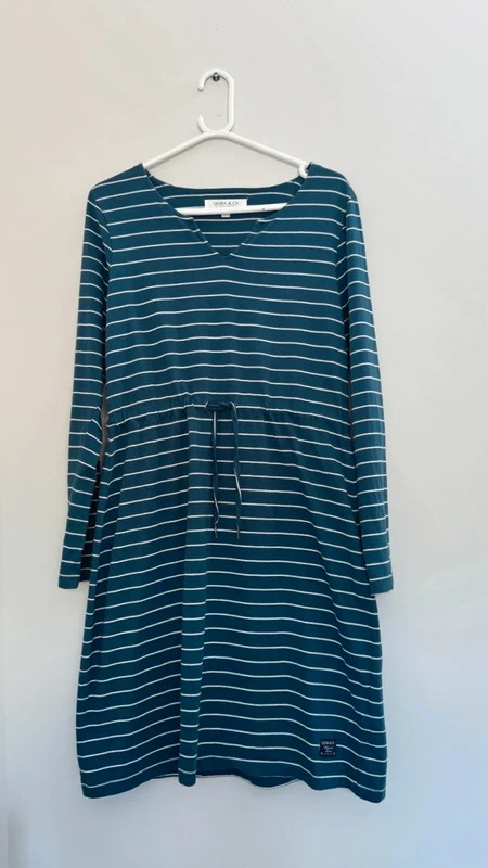 Quba & Co Teal Blue White Striped Cotton Dress UK 12 Drawstring Waist Nautical - Image 4