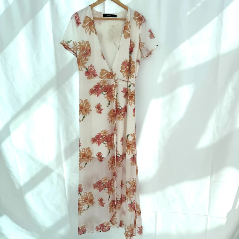 Vero Moda Cream Floral Midi Wrap Dress Size M Fits UK 10 12 Short Sleeve Tie Waist