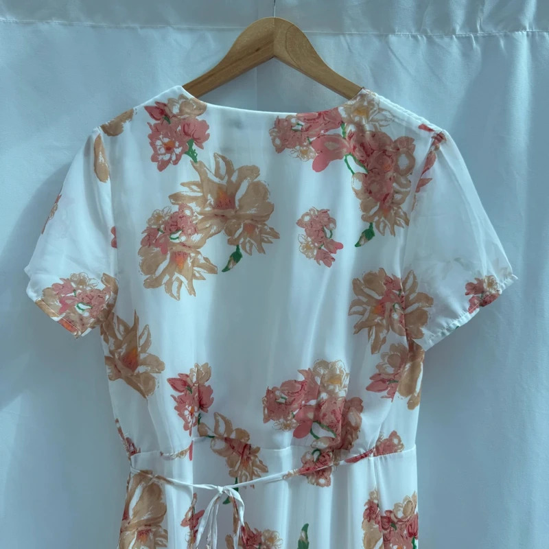 Vero Moda Cream Floral Midi Wrap Dress Size M Fits UK 10 12 Short Sleeve Tie Waist - Image 6