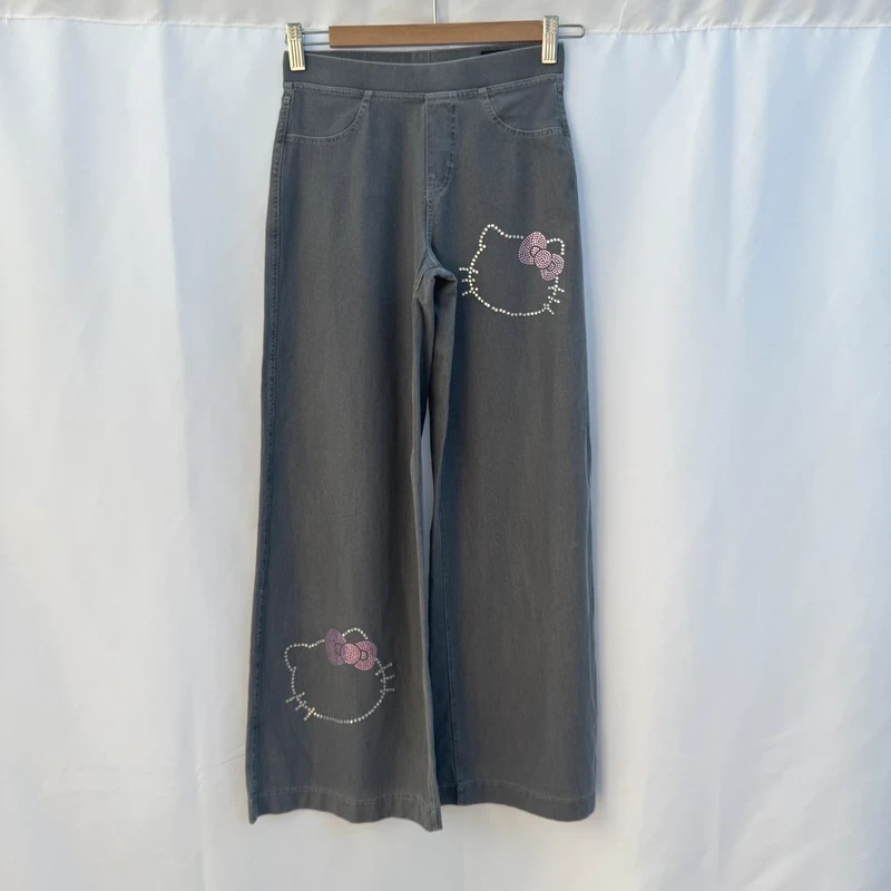 H&M x Hello Kitty Grey Wide Leg Jeans Women's UK 6–8 Sanrio 2024 Rhinestone Embellished Trousers