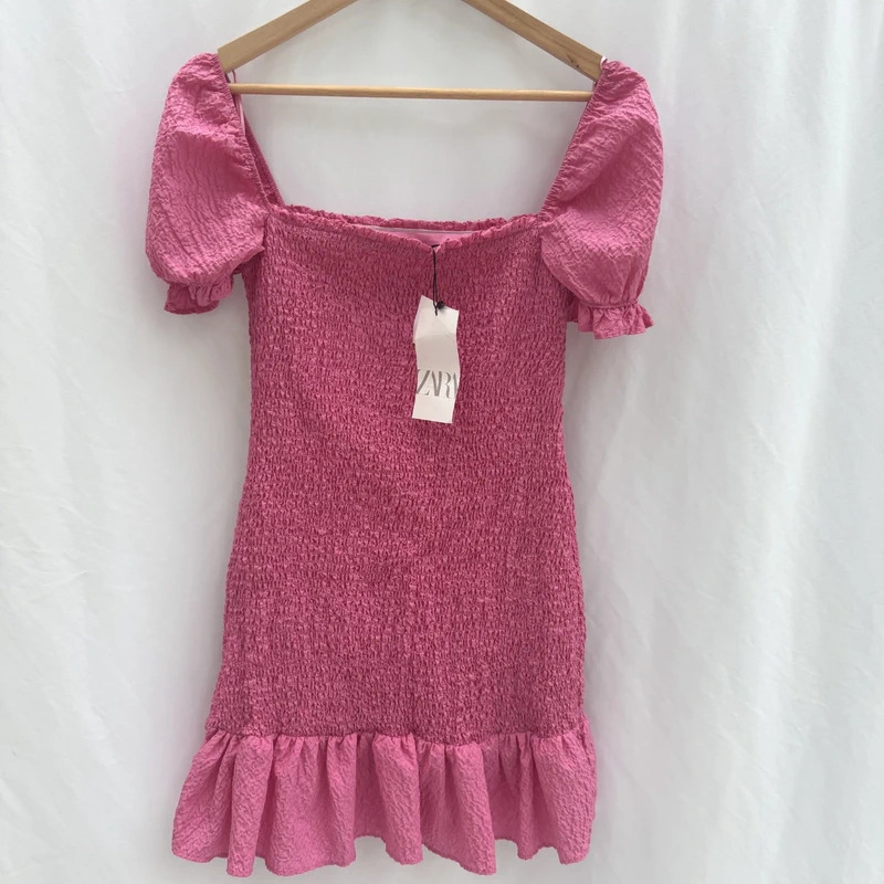 Zara Pink Smocked Mini Dress UK 10 12 Puff Sleeve Square Neck Ruffle Hem BNWT