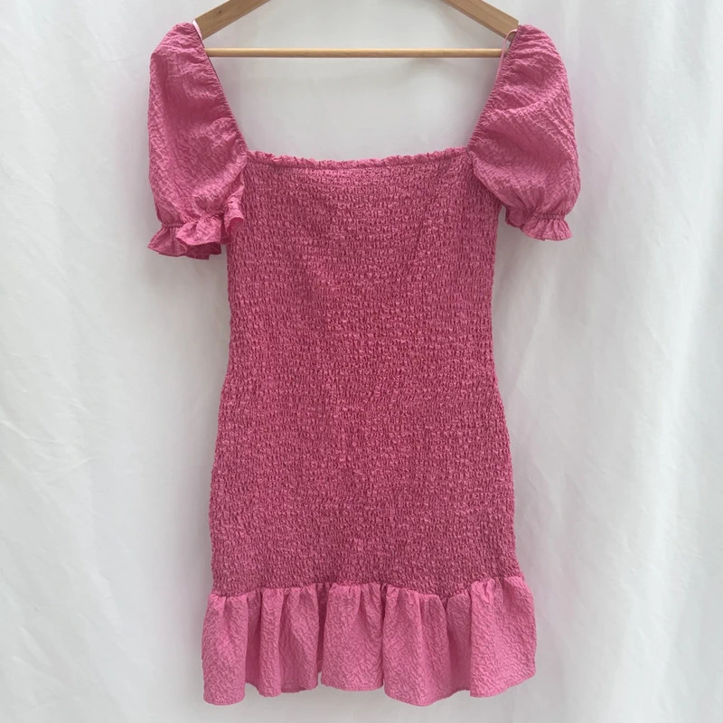 Zara Pink Smocked Mini Dress UK 10 12 Puff Sleeve Square Neck Ruffle Hem BNWT - Image 2