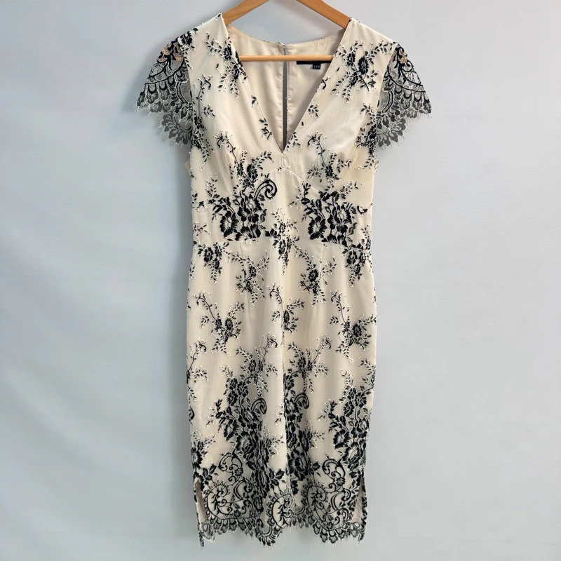 French Connection Dress UK 12 Cream Black Floral Lace Pencil Midi Occasion Wedding