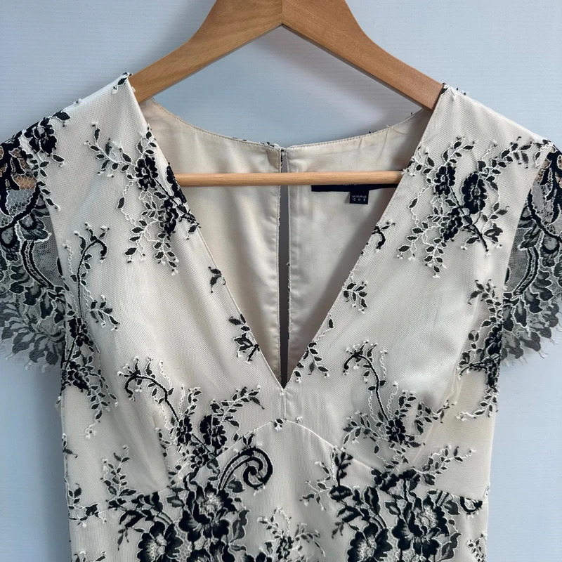 French Connection Dress UK 12 Cream Black Floral Lace Pencil Midi Occasion Wedding - Image 6