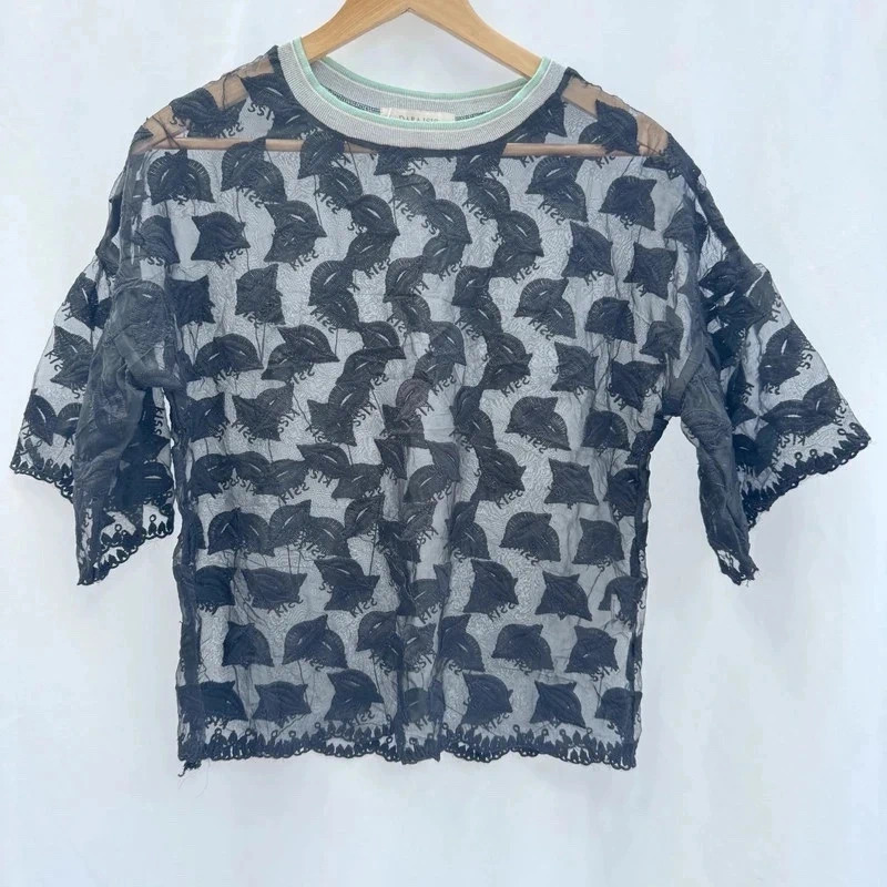Dara ISIS Sheer Mesh Top Black Embroidered Lips Kiss Pattern UK 14 Contrast Trim