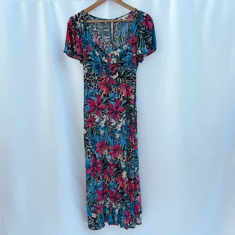 Love & Roses Tropical Floral Midi Dress UK 10 Pink Blue Multi