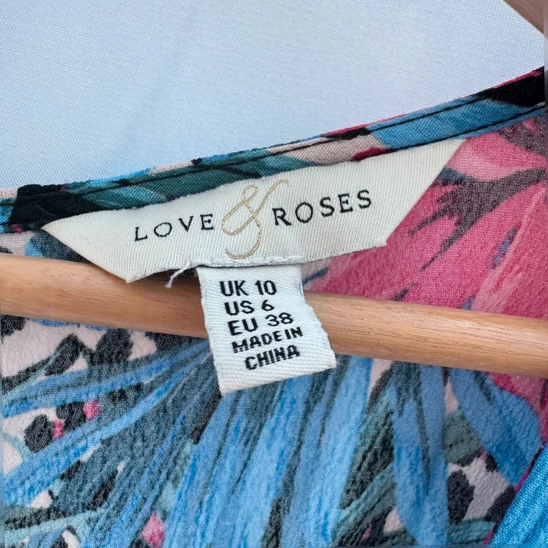 Love & Roses Tropical Floral Midi Dress UK 10 Pink Blue Multi - Image 3