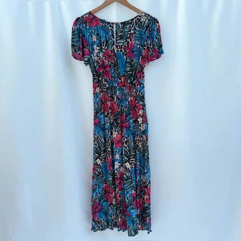 Love & Roses Tropical Floral Midi Dress UK 10 Pink Blue Multi - Image 8