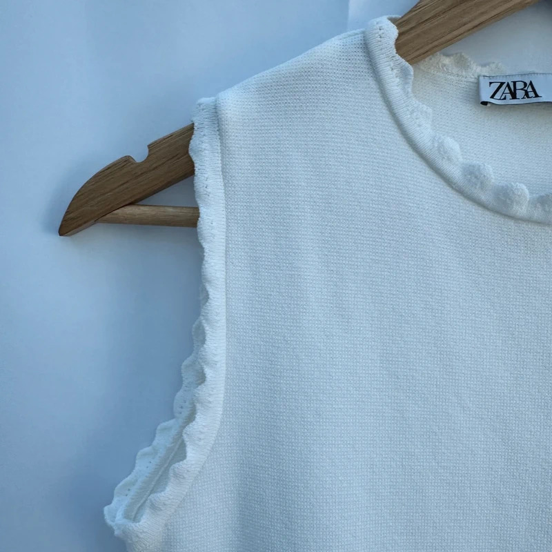 Zara Off-white Knit Mini Dress Scallop Trim Sleeveless Fit & Flare Size M / UK 10–12 - Image 2