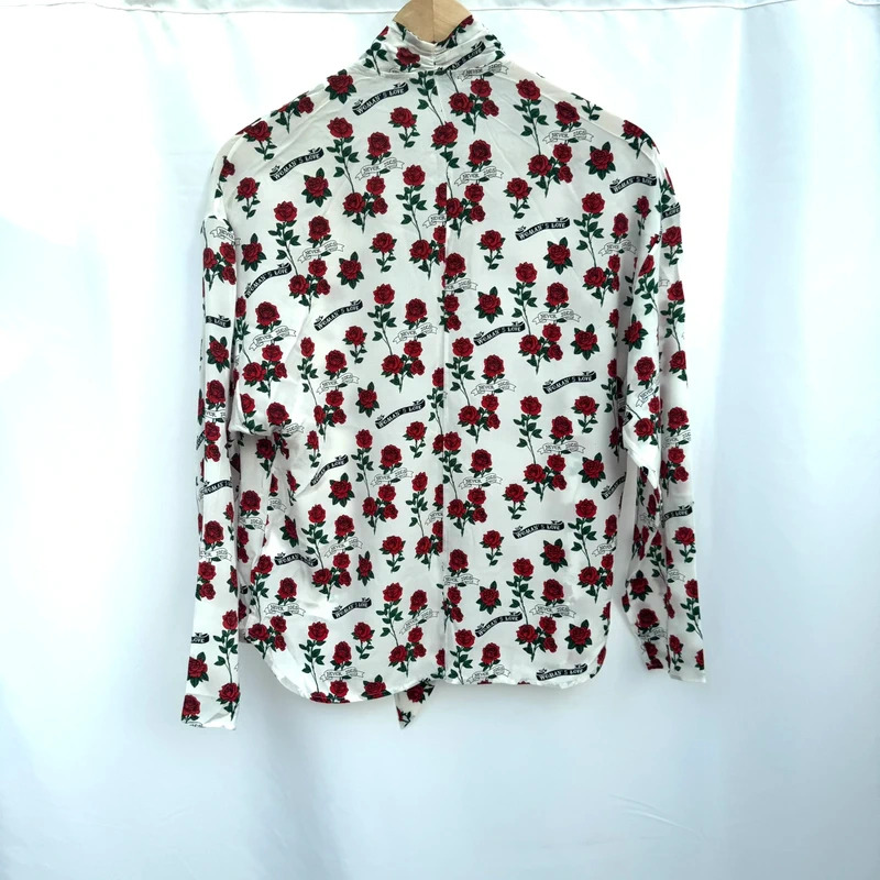 Sandro Paris 100% Silk Rose Print Blouse Size 1 / UK 8–10 Tie Neck “Woman’s Love”