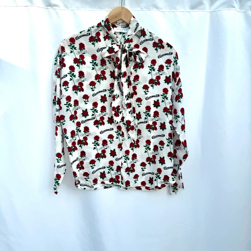 Sandro Paris 100% Silk Rose Print Blouse Size 1 / UK 8–10 Tie Neck “Woman’s Love” - Image 2